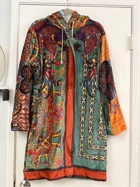 Johnny Was Biya Colorful Nature-Inspired Prints Hooded Fleece Coat Size L
